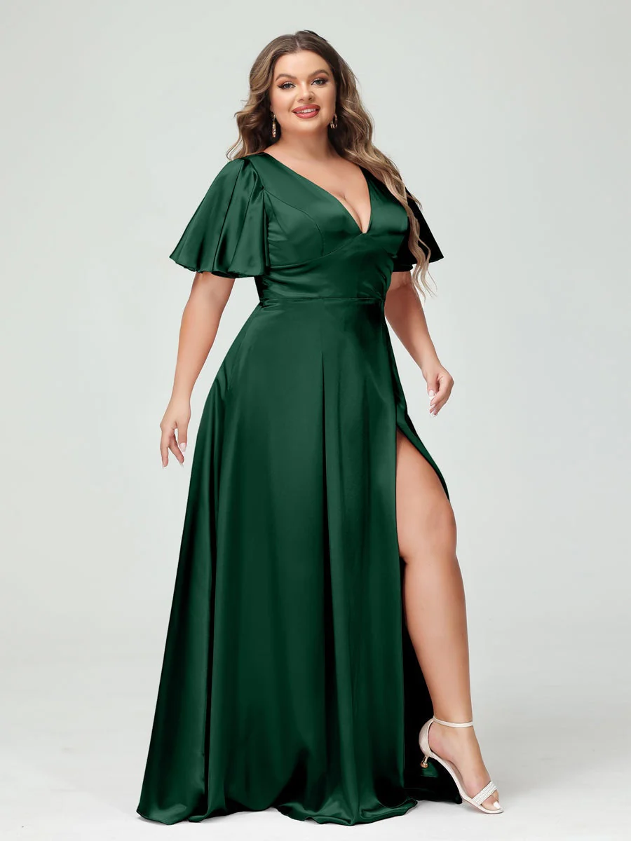 A-Line V-Neck Half Sleeves Silk Satin Plus Size Bridesmaid Dresses with Pockets - Image 11