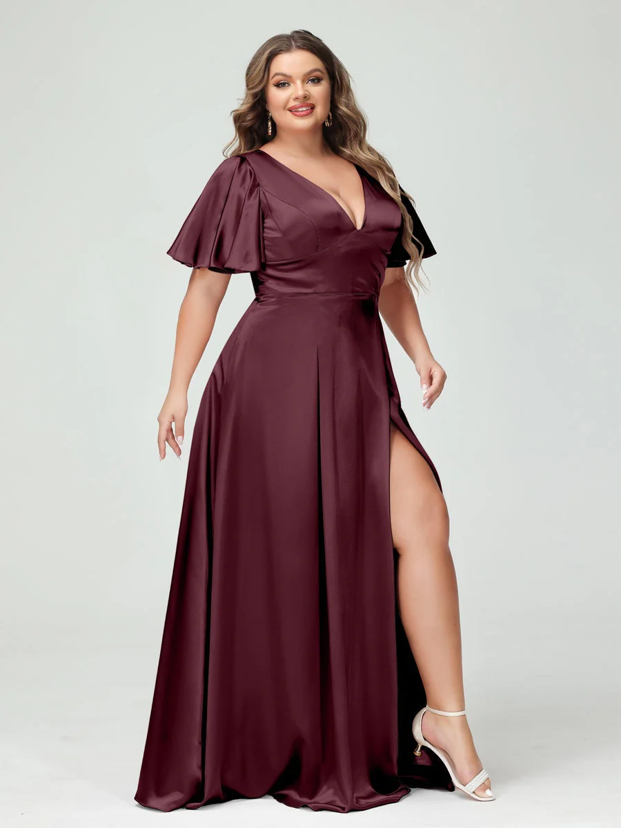 A-Line V-Neck Half Sleeves Silk Satin Plus Size Bridesmaid Dresses with Pockets - Image 12