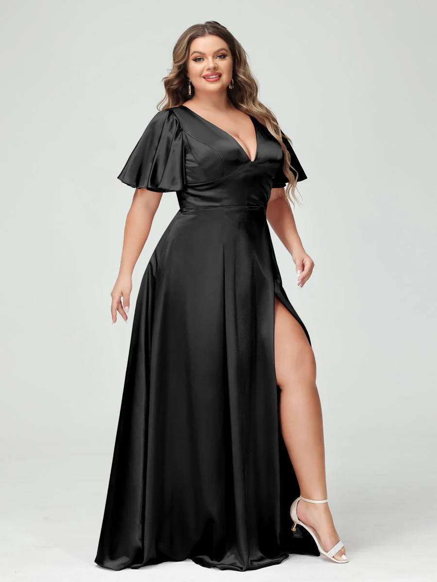 A-Line V-Neck Half Sleeves Silk Satin Plus Size Bridesmaid Dresses with Pockets - Image 14