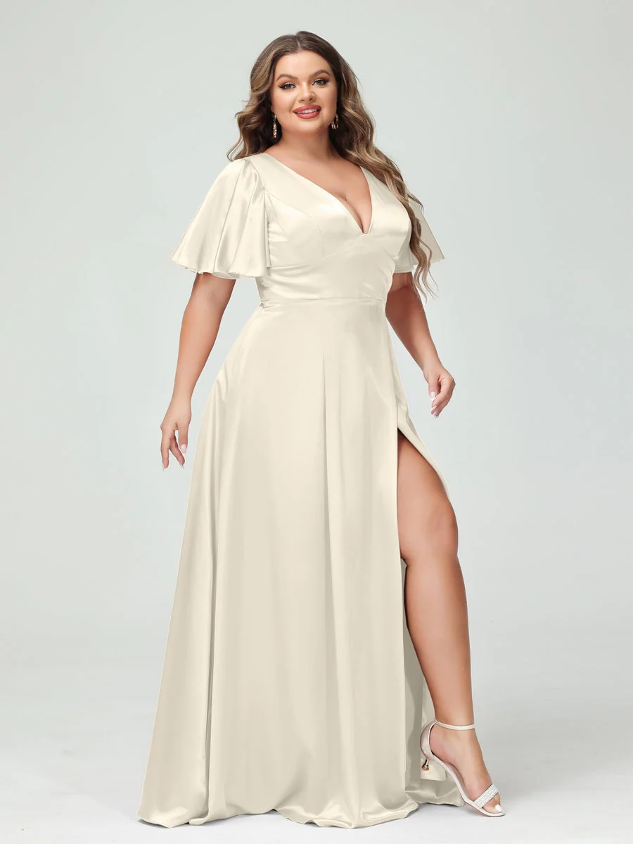 A-Line V-Neck Half Sleeves Silk Satin Plus Size Bridesmaid Dresses with Pockets - Image 17