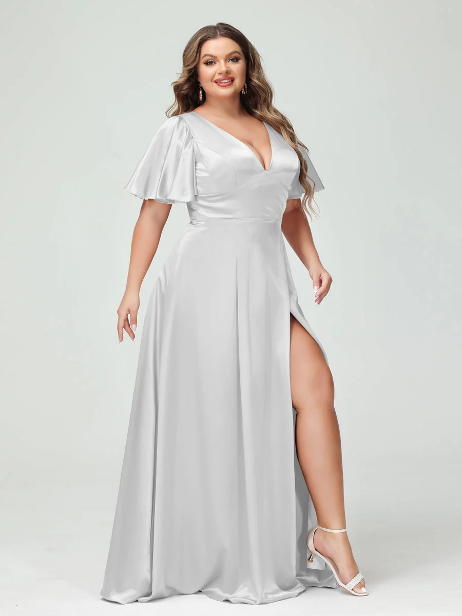 A-Line V-Neck Half Sleeves Silk Satin Plus Size Bridesmaid Dresses with Pockets - Image 18