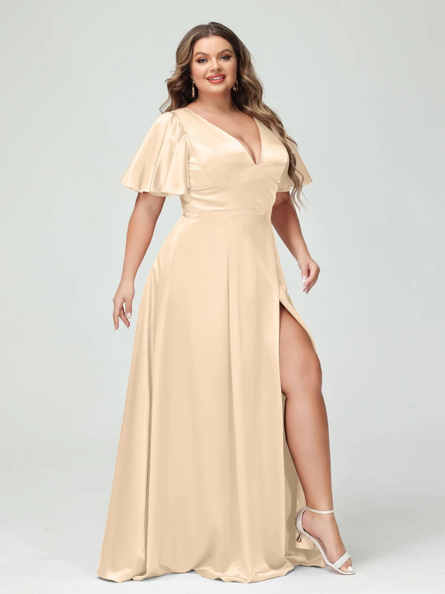 A-Line V-Neck Half Sleeves Silk Satin Plus Size Bridesmaid Dresses with Pockets - Image 19