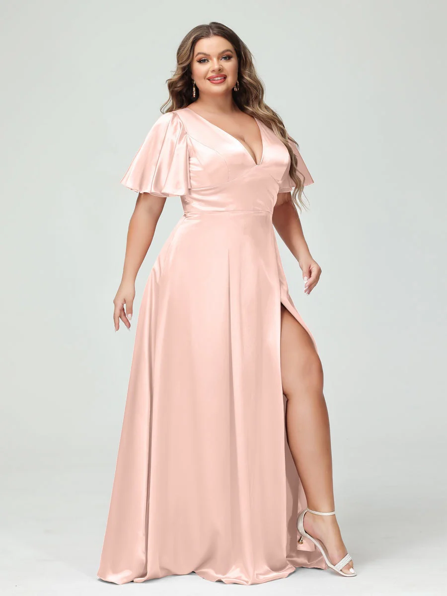 A-Line V-Neck Half Sleeves Silk Satin Plus Size Bridesmaid Dresses with Pockets - Image 22