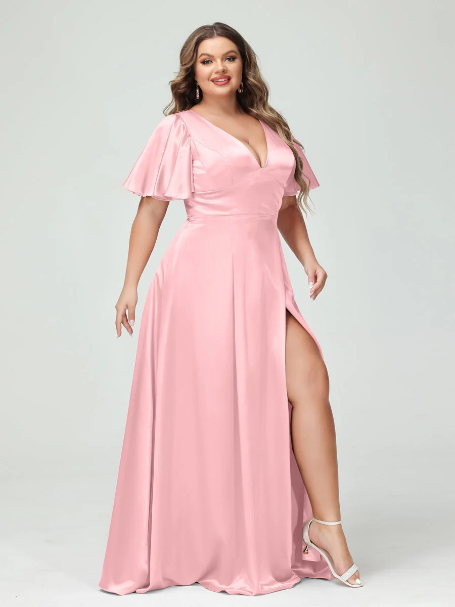 A-Line V-Neck Half Sleeves Silk Satin Plus Size Bridesmaid Dresses with Pockets - Image 23