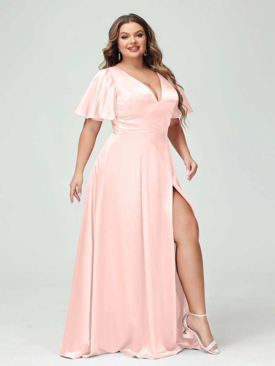A-Line V-Neck Half Sleeves Silk Satin Plus Size Bridesmaid Dresses with Pockets - Image 24