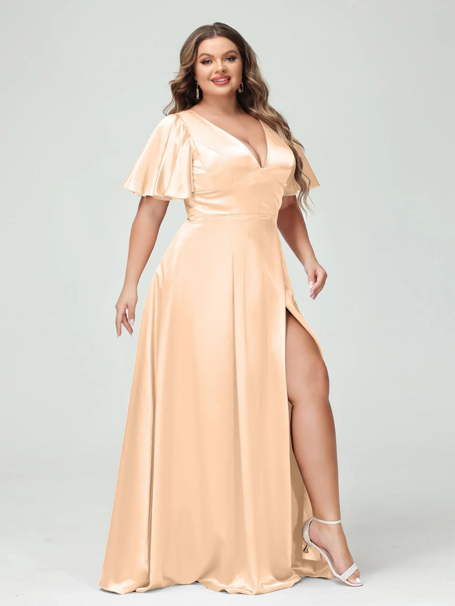 A-Line V-Neck Half Sleeves Silk Satin Plus Size Bridesmaid Dresses with Pockets - Image 25