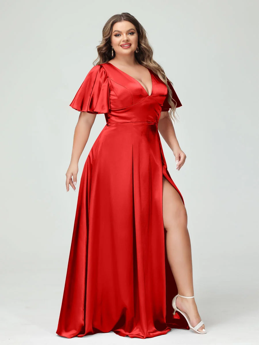 A-Line V-Neck Half Sleeves Silk Satin Plus Size Bridesmaid Dresses with Pockets - Image 29
