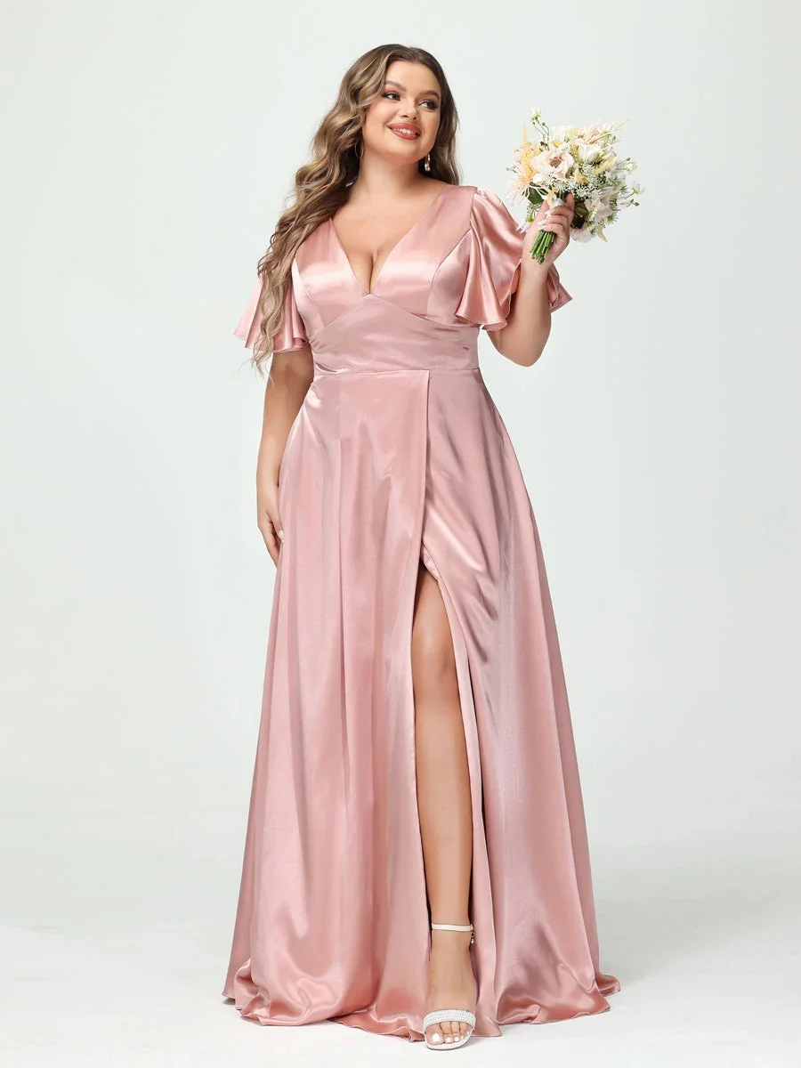 A-Line V-Neck Half Sleeves Silk Satin Plus Size Bridesmaid Dresses with Pockets - Image 3