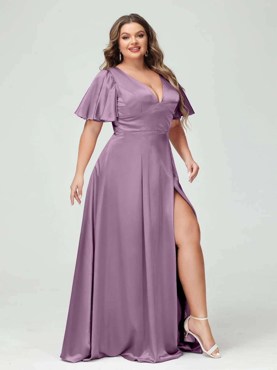 A-Line V-Neck Half Sleeves Silk Satin Plus Size Bridesmaid Dresses with Pockets - Image 31