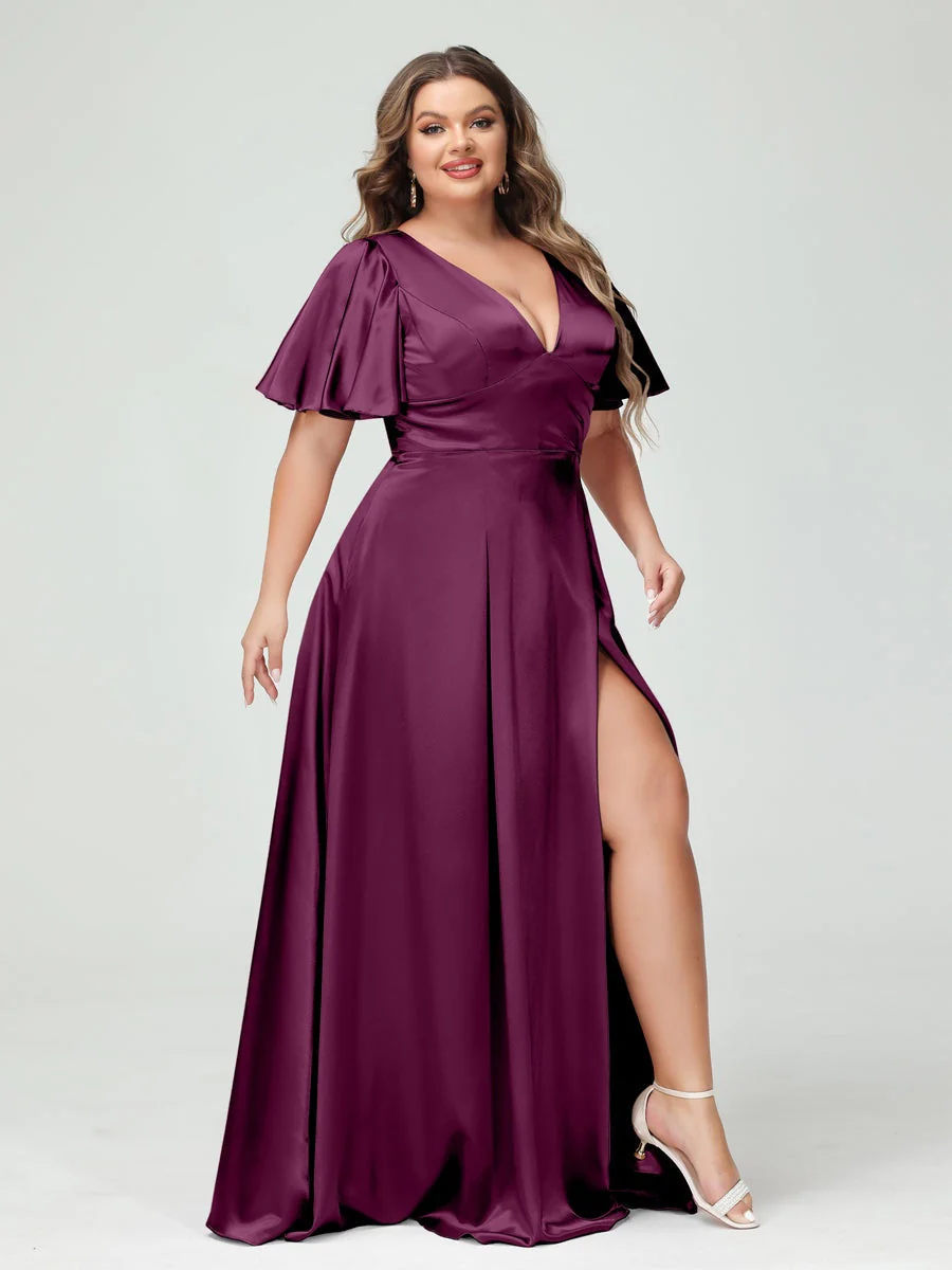 A-Line V-Neck Half Sleeves Silk Satin Plus Size Bridesmaid Dresses with Pockets - Image 34
