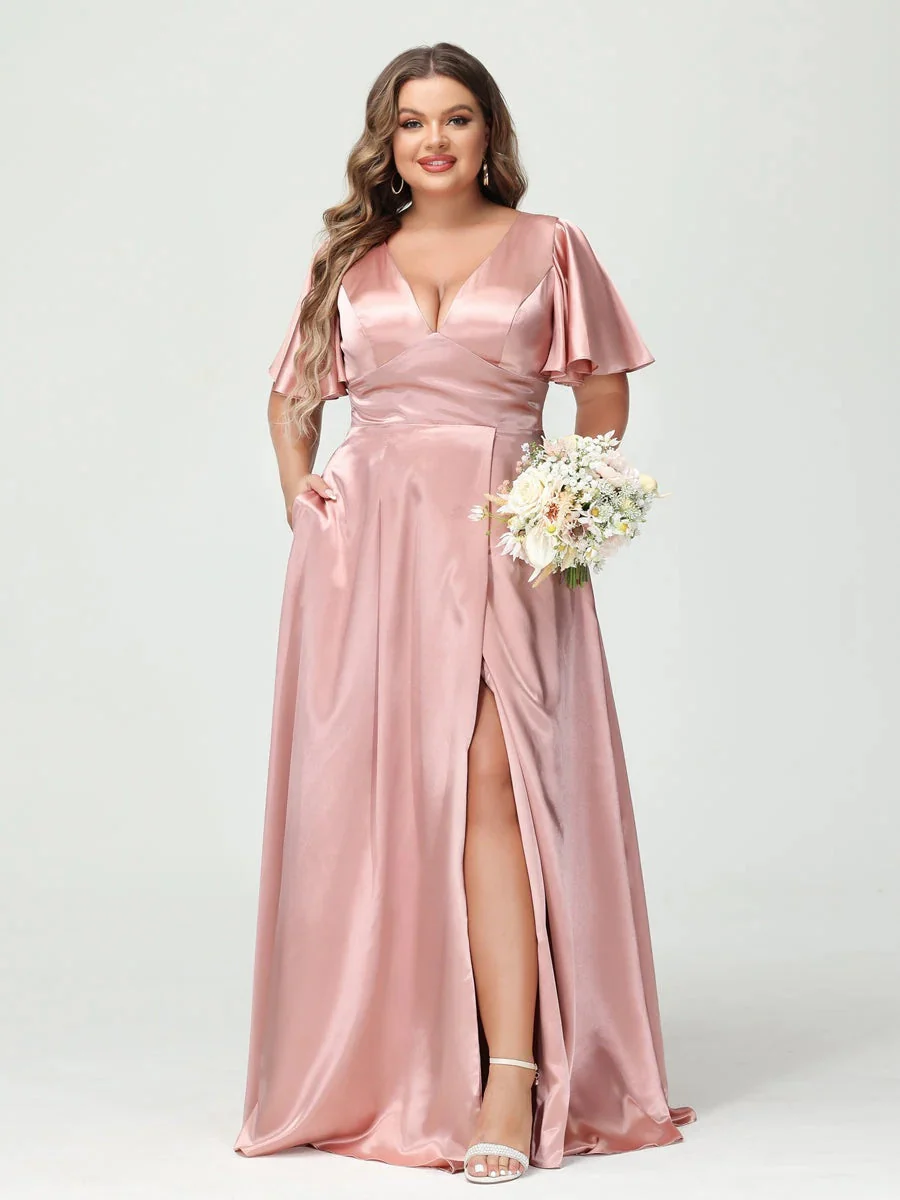 A-Line V-Neck Half Sleeves Silk Satin Plus Size Bridesmaid Dresses with Pockets - Image 4
