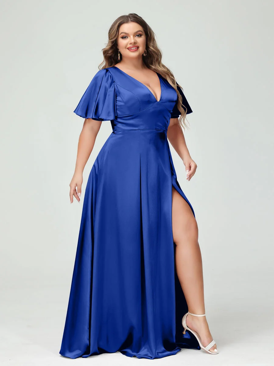 A-Line V-Neck Half Sleeves Silk Satin Plus Size Bridesmaid Dresses with Pockets - Image 43