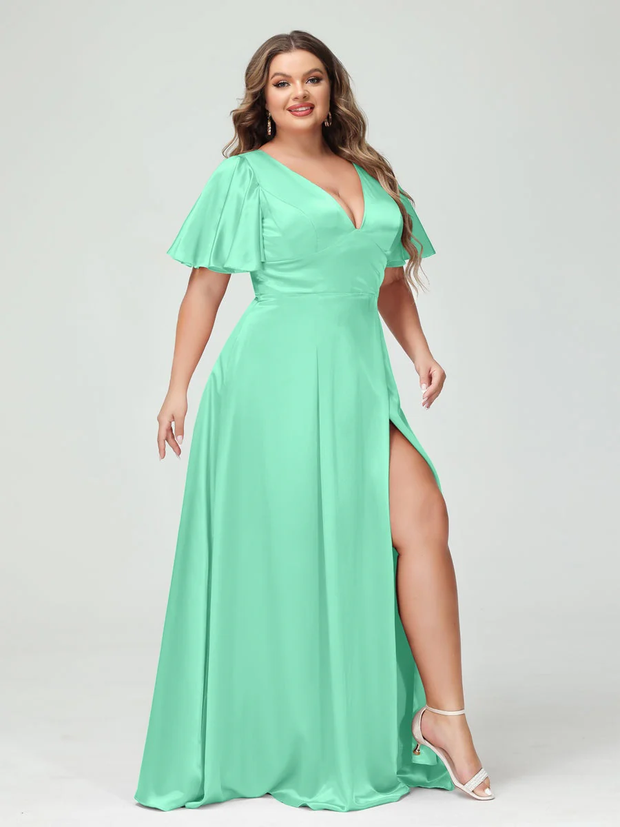 A-Line V-Neck Half Sleeves Silk Satin Plus Size Bridesmaid Dresses with Pockets - Image 47