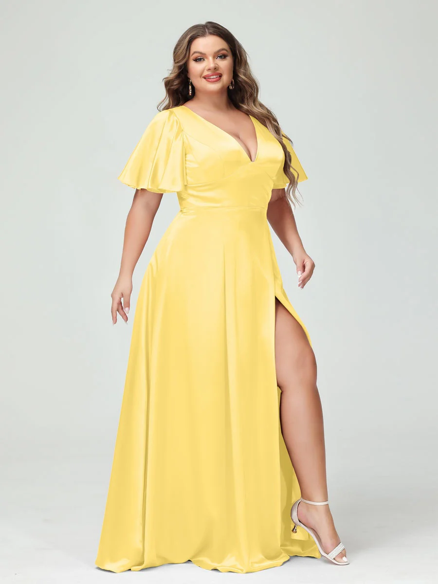 A-Line V-Neck Half Sleeves Silk Satin Plus Size Bridesmaid Dresses with Pockets - Image 52