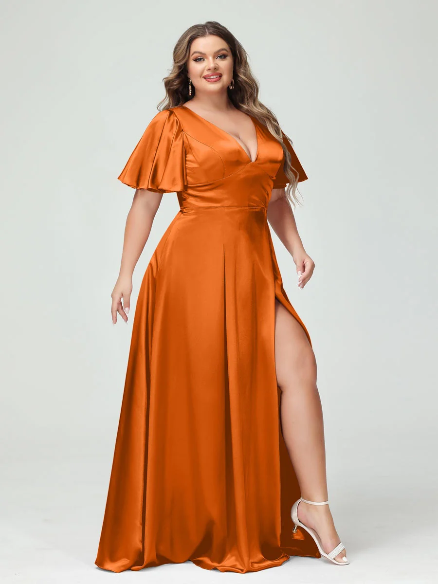 A-Line V-Neck Half Sleeves Silk Satin Plus Size Bridesmaid Dresses with Pockets - Image 54