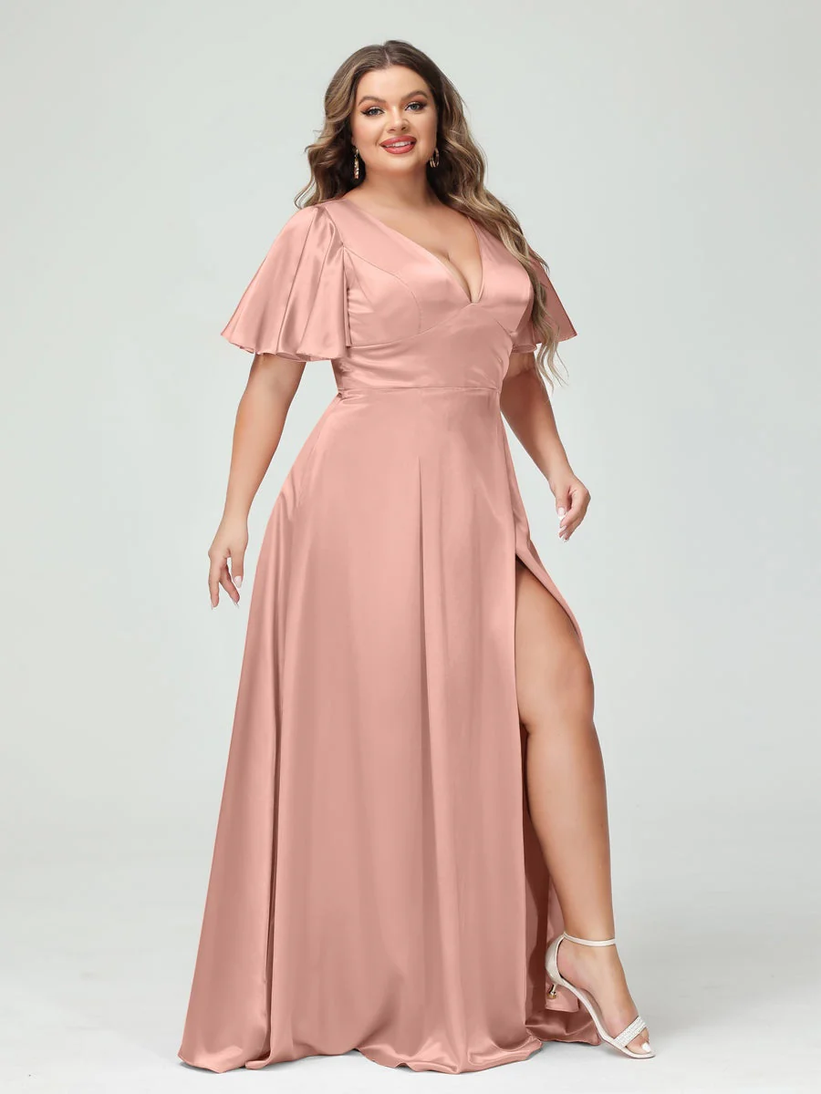 A-Line V-Neck Half Sleeves Silk Satin Plus Size Bridesmaid Dresses with Pockets - Image 8
