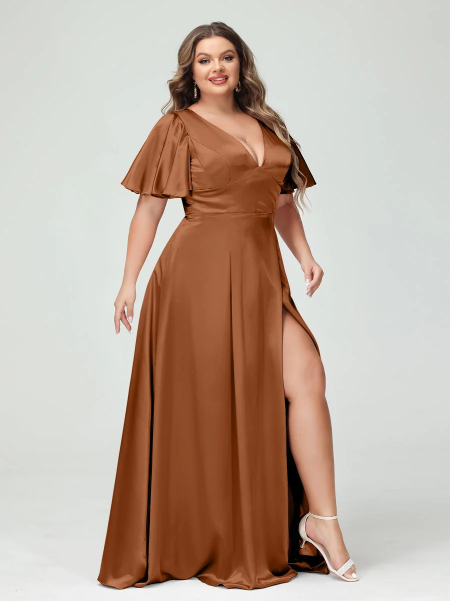A-Line V-Neck Half Sleeves Silk Satin Plus Size Bridesmaid Dresses with Pockets - Image 9