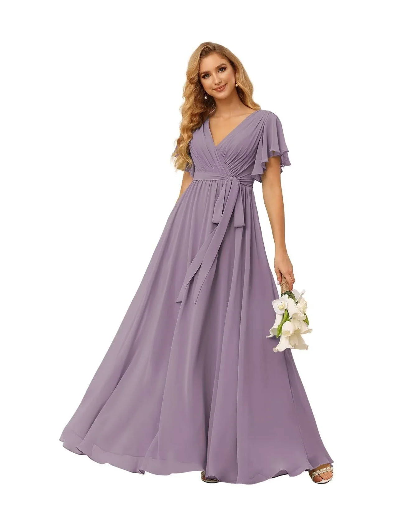 A-Line V Neck Short Sleeve Floor Length Bridesmaid Dresses Chiffon with Ruffles Bow(s) - Image 11