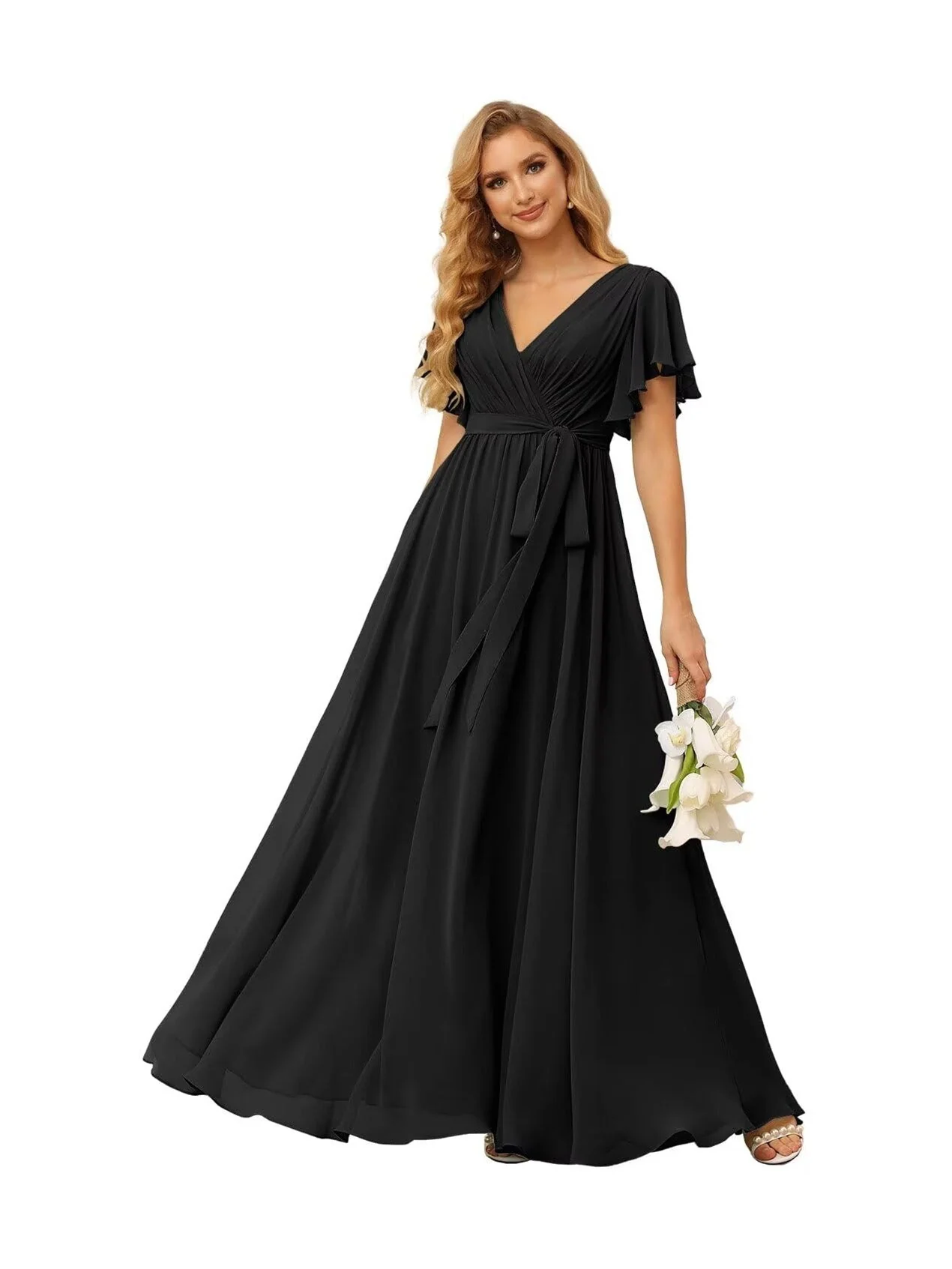 A-Line V Neck Short Sleeve Floor Length Bridesmaid Dresses Chiffon with Ruffles Bow(s) - Image 12