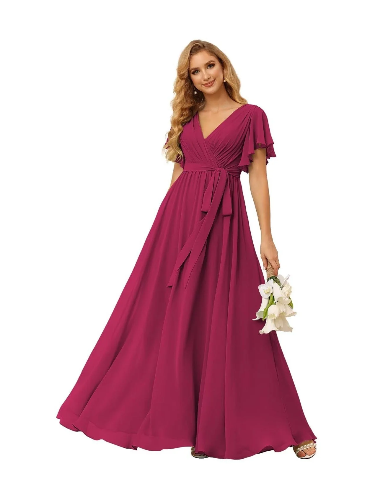 A-Line V Neck Short Sleeve Floor Length Bridesmaid Dresses Chiffon with Ruffles Bow(s) - Image 25