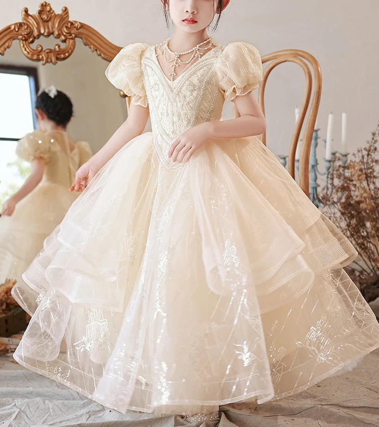 Ball Gown Beading Round Neck Short Sleeves Flower Girl Lace Dress with Rhinestones - Image 3