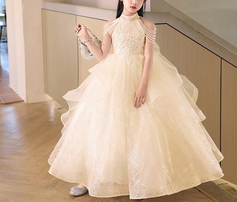 Ball Gown Halter Floor Length Girl Party Dresses with Beading Flower Appliques - Image 10