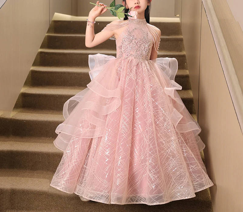 Ball Gown Halter Floor Length Girl Party Dresses with Beading Flower Appliques - Image 8