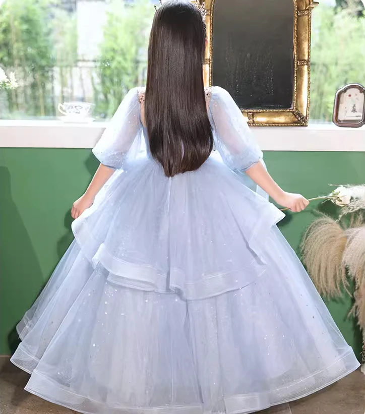 Ball Gown High Neck 3/4 Sleeves Flower Girl Party Dress with Rhinestones - Image 2