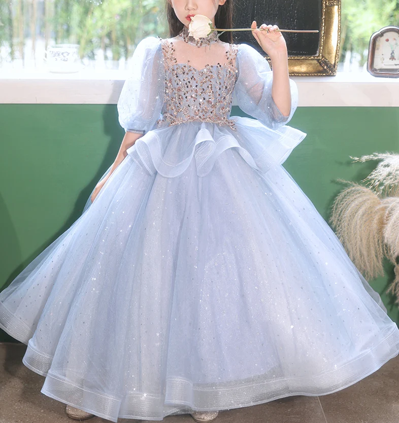 Ball Gown High Neck 3/4 Sleeves Flower Girl Party Dress with Rhinestones - Image 3