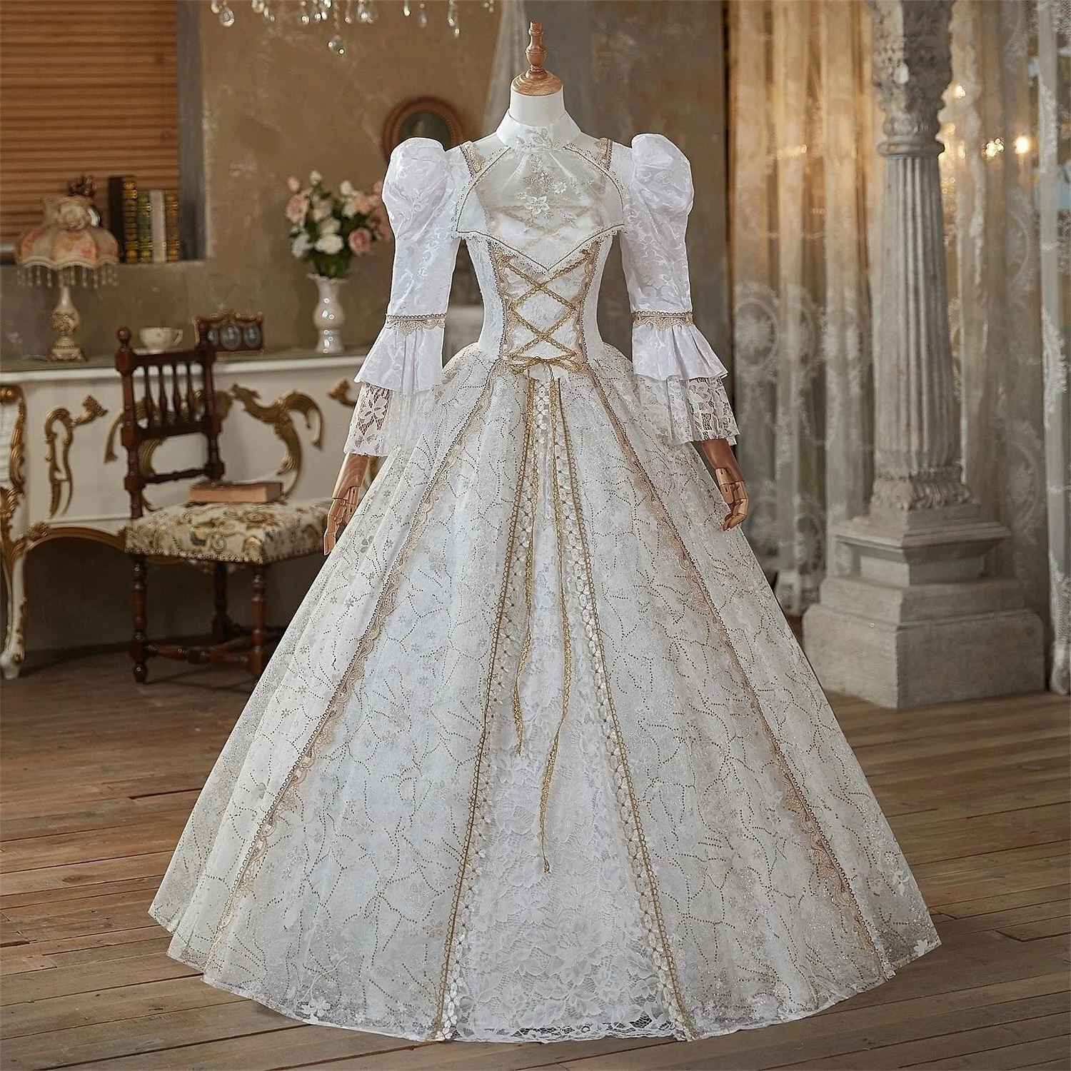 Ball Gown Jewel Neck 3/4 Length Sleeves Floor Length Victorian Party Costume Cosplay Masquerade Lace Party & Evening Rococo Dress - Image 3