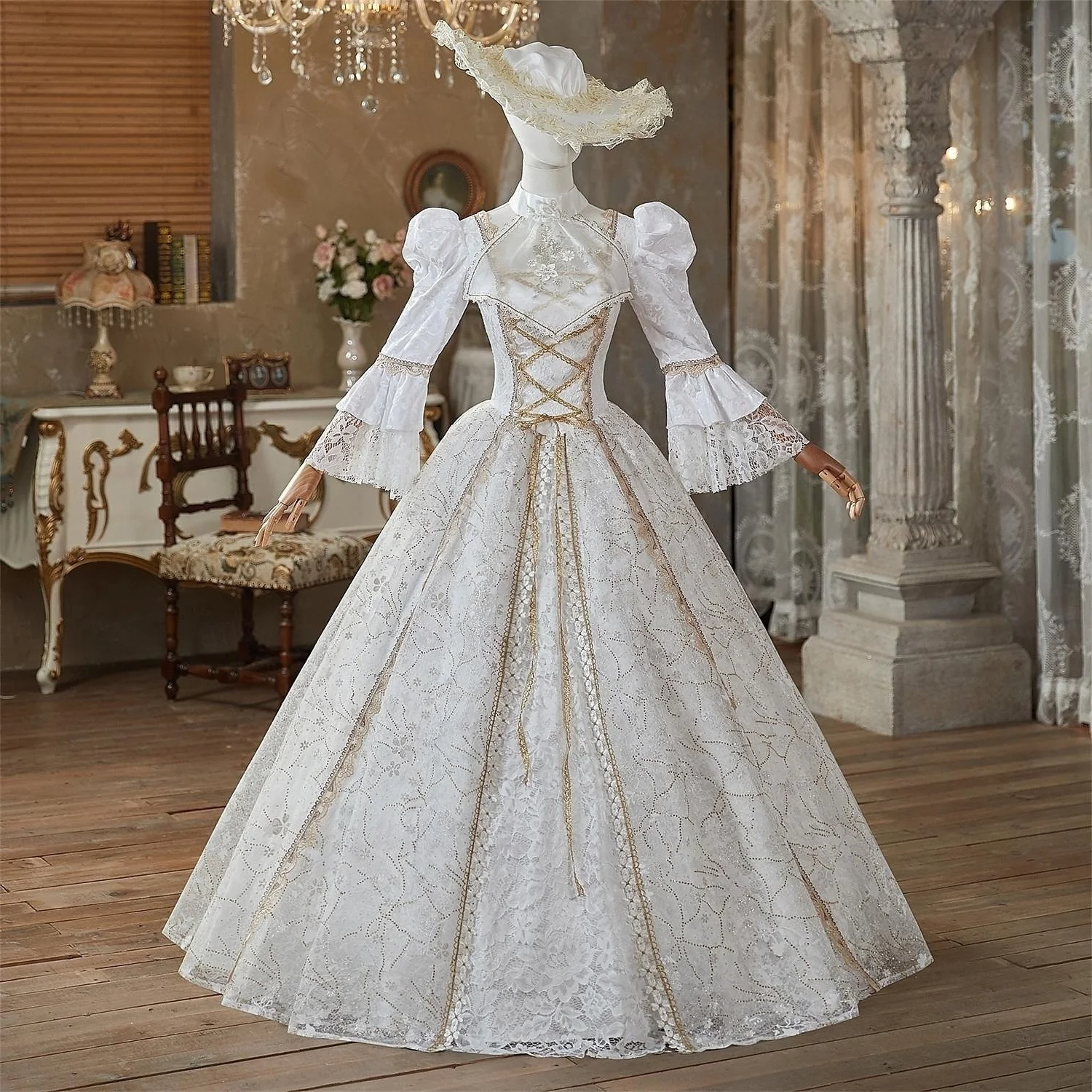 Ball Gown Jewel Neck 3/4 Length Sleeves Floor Length Victorian Party Costume Cosplay Masquerade Lace Party & Evening Rococo Dress - Image 4
