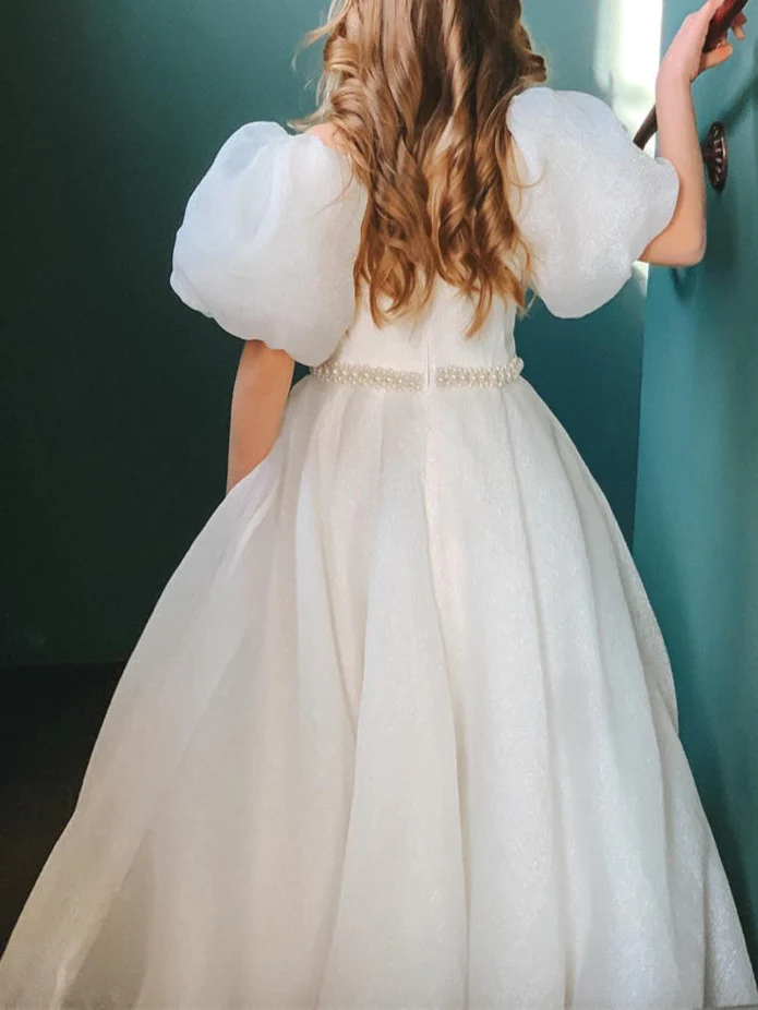 Ball-Gown Jewel Neck Puff Sleeves Floor-Length Pleated Flower Girl Dresses with Pearls - Image 2