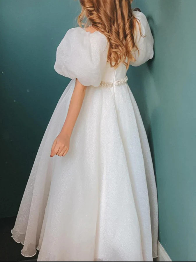 Ball-Gown Jewel Neck Puff Sleeves Floor-Length Pleated Flower Girl Dresses with Pearls - Image 3
