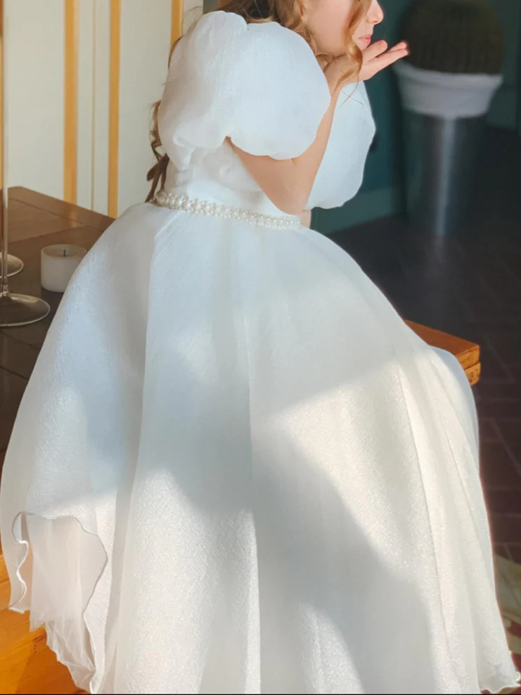 Ball-Gown Jewel Neck Puff Sleeves Floor-Length Pleated Flower Girl Dresses with Pearls - Image 4