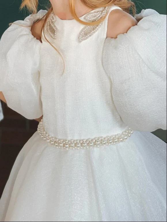 Ball-Gown Jewel Neck Puff Sleeves Floor-Length Pleated Flower Girl Dresses with Pearls - Image 5