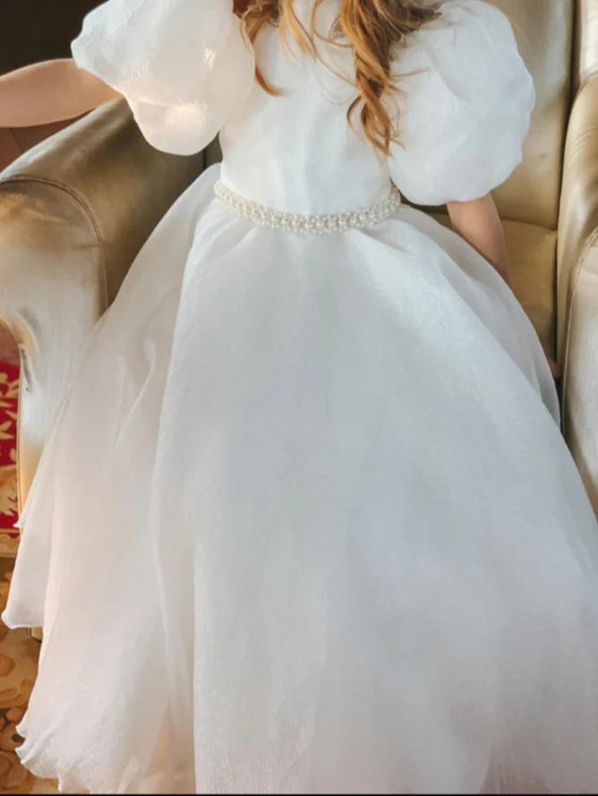 Ball-Gown Jewel Neck Puff Sleeves Floor-Length Pleated Flower Girl Dresses with Pearls - Image 6
