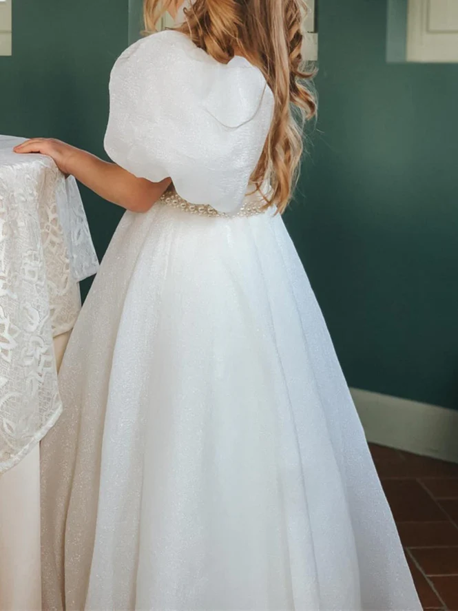 Ball-Gown Jewel Neck Puff Sleeves Floor-Length Pleated Flower Girl Dresses with Pearls - Image 7