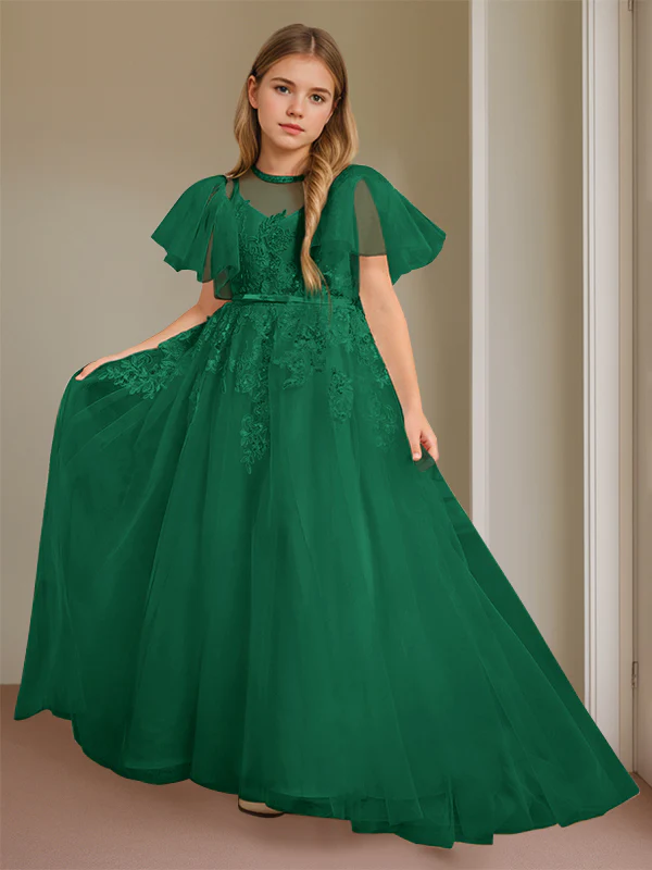 Ball-Gown Jewel Neck Short Sleeves Floor-Length Flower Girl Dress with Lace - Image 10