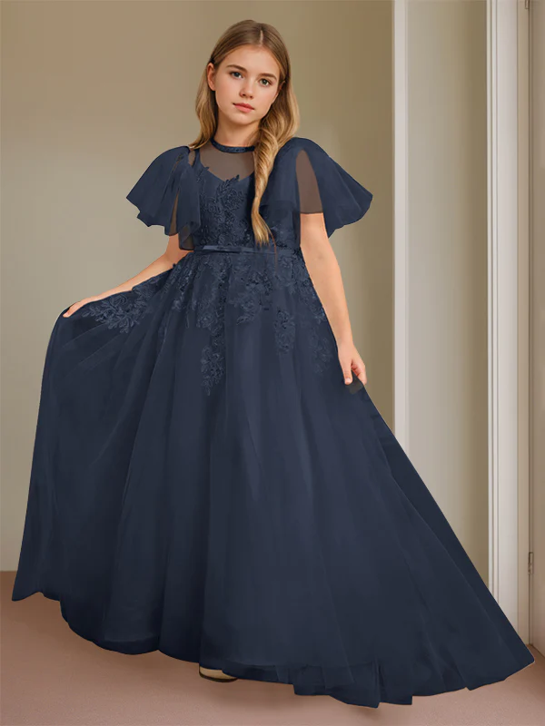 Ball-Gown Jewel Neck Short Sleeves Floor-Length Flower Girl Dress with Lace - Image 11