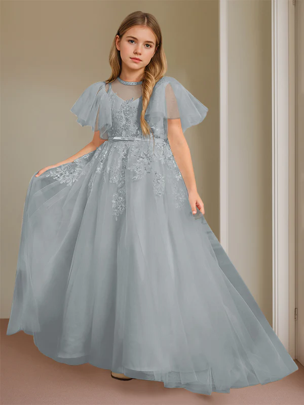Ball-Gown Jewel Neck Short Sleeves Floor-Length Flower Girl Dress with Lace - Image 12