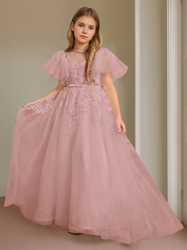 Ball-Gown Jewel Neck Short Sleeves Floor-Length Flower Girl Dress with Lace - Image 13