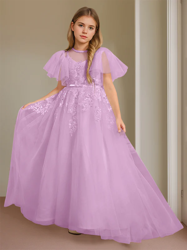 Ball-Gown Jewel Neck Short Sleeves Floor-Length Flower Girl Dress with Lace - Image 14