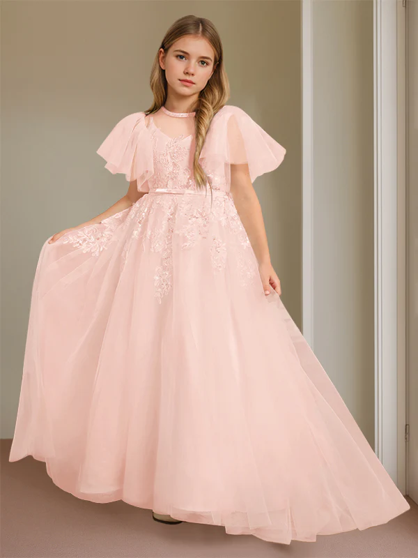 Ball-Gown Jewel Neck Short Sleeves Floor-Length Flower Girl Dress with Lace - Image 15