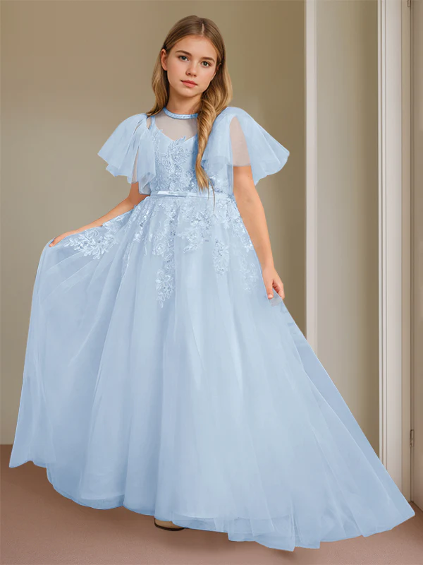 Ball-Gown Jewel Neck Short Sleeves Floor-Length Flower Girl Dress with Lace - Image 16