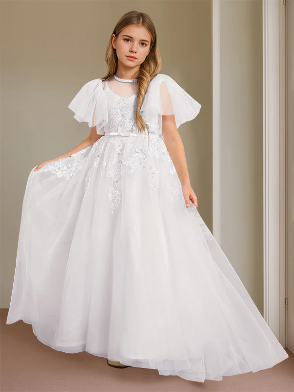 Ball-Gown Jewel Neck Short Sleeves Floor-Length Flower Girl Dress with Lace - Image 17
