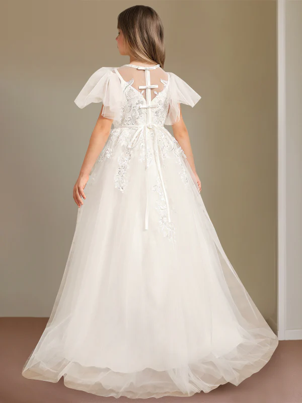 Ball-Gown Jewel Neck Short Sleeves Floor-Length Flower Girl Dress with Lace - Image 2