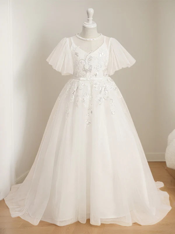 Ball-Gown Jewel Neck Short Sleeves Floor-Length Flower Girl Dress with Lace - Image 3