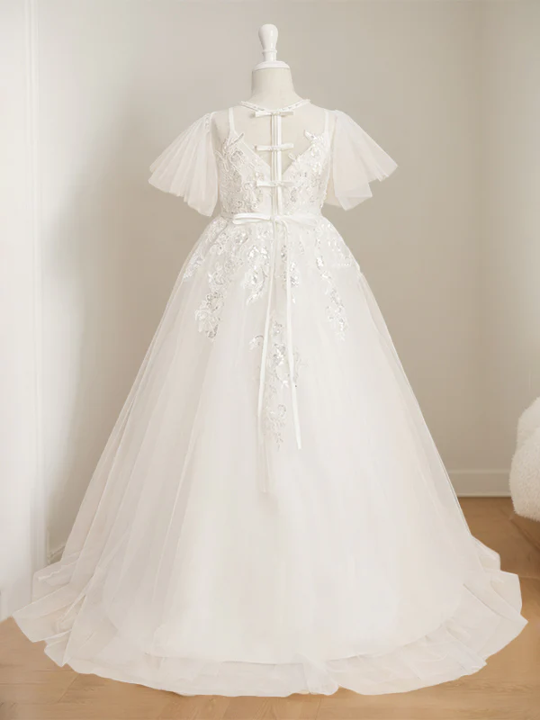 Ball-Gown Jewel Neck Short Sleeves Floor-Length Flower Girl Dress with Lace - Image 4