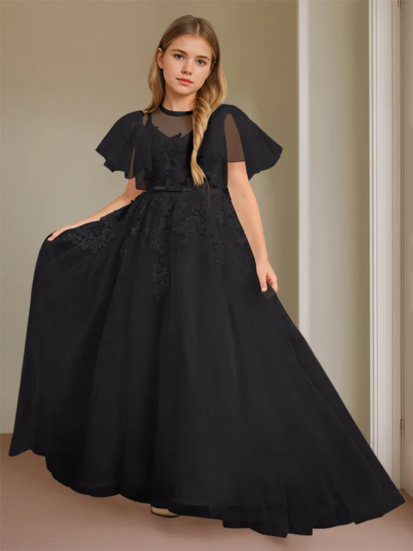 Ball-Gown Jewel Neck Short Sleeves Floor-Length Flower Girl Dress with Lace - Image 5