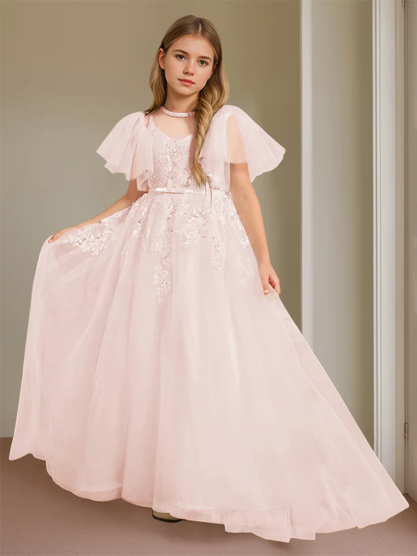 Ball-Gown Jewel Neck Short Sleeves Floor-Length Flower Girl Dress with Lace - Image 6